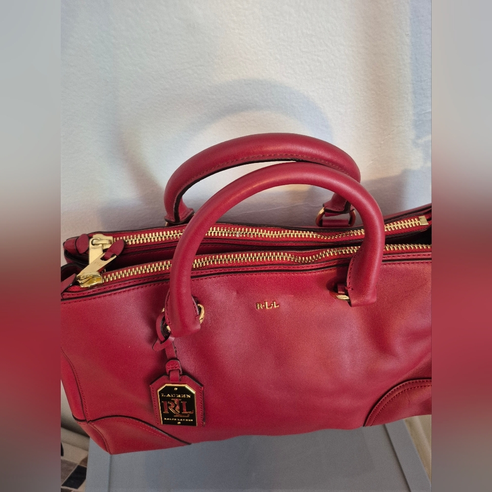 32-CIP RALPH LAUREN RED LEATHER SATCHEL PURSE HANDBAG CROSSBODY STRAP Valentines - Picture 12 of 17